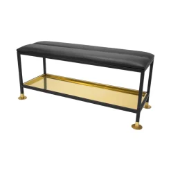 Banc de rangement à chaussures 11, noir/laiton, coussin en cuir noir