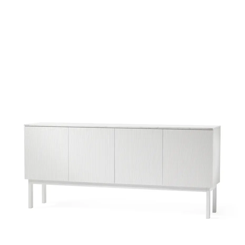 Buffet Beam, laqué blanc, structure blanche, plateau en marbre carrara