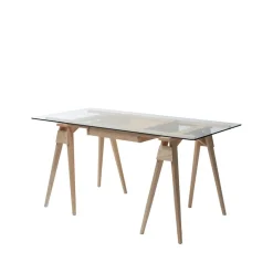 Bureau Arco, chêne laqué transparent, tiroir, plateau en verre incl.
