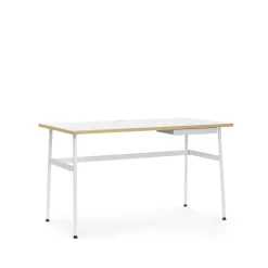 Bureau Journal, stratifié blanc, pieds en acier blanc et tiroir
