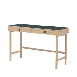 Bureau Mind, linoléum noir, tiroirs et pieds en chêne huilé blanc