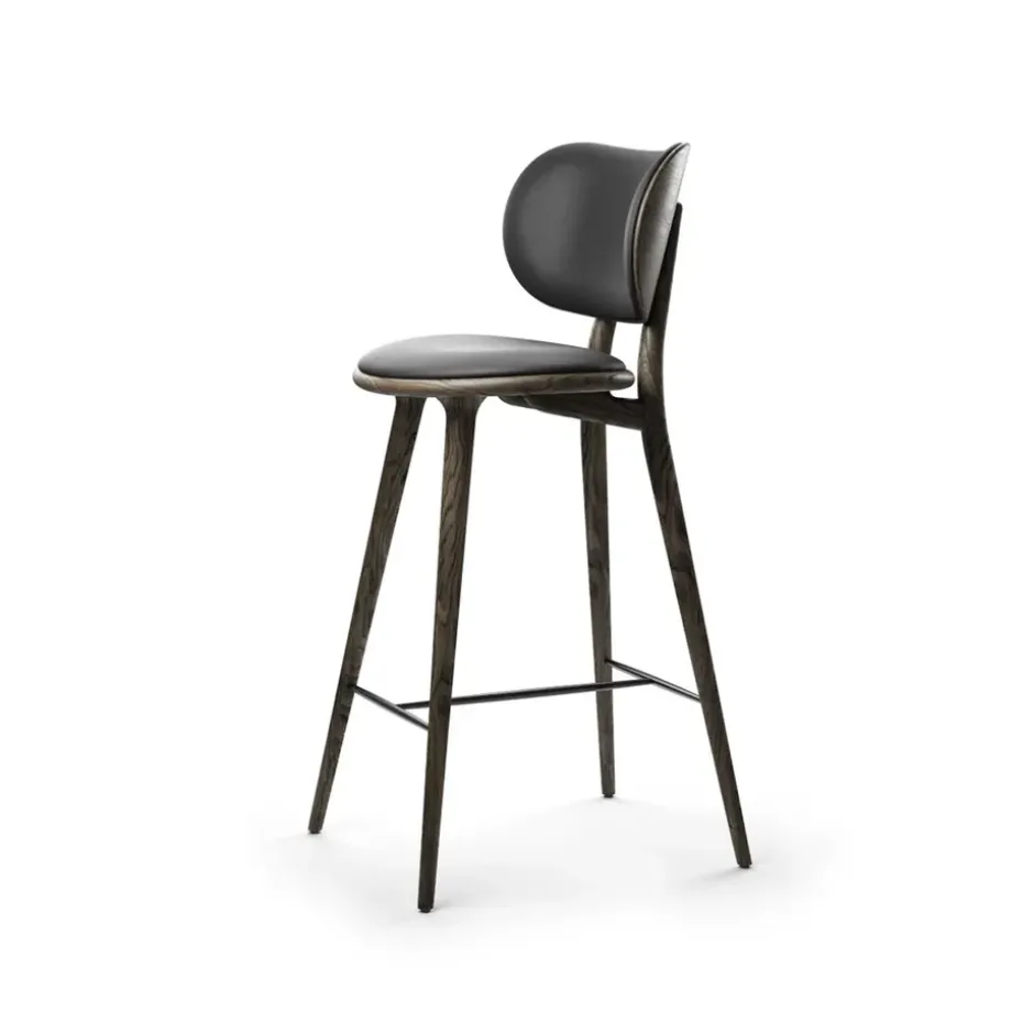 Chaise de bar basse Mater High Stool Backrest, cuir noir, support en chêne gris sirka
