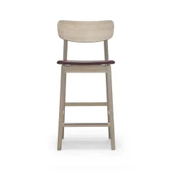 Chaise de bar Prima Vista, cuir elmo marron foncé, structure en chêne huilé blanc