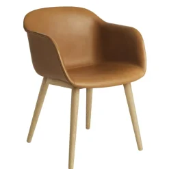 Chaise Fiber Chair avec accoudoir et pieds en bois, Cuir cognac-chêne