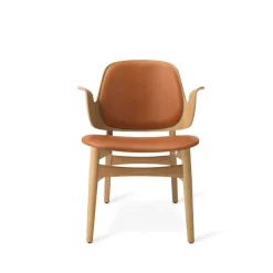 Chaise lounge Gesture, cuir silk 250 cognac, structure en chêne huilé blanc