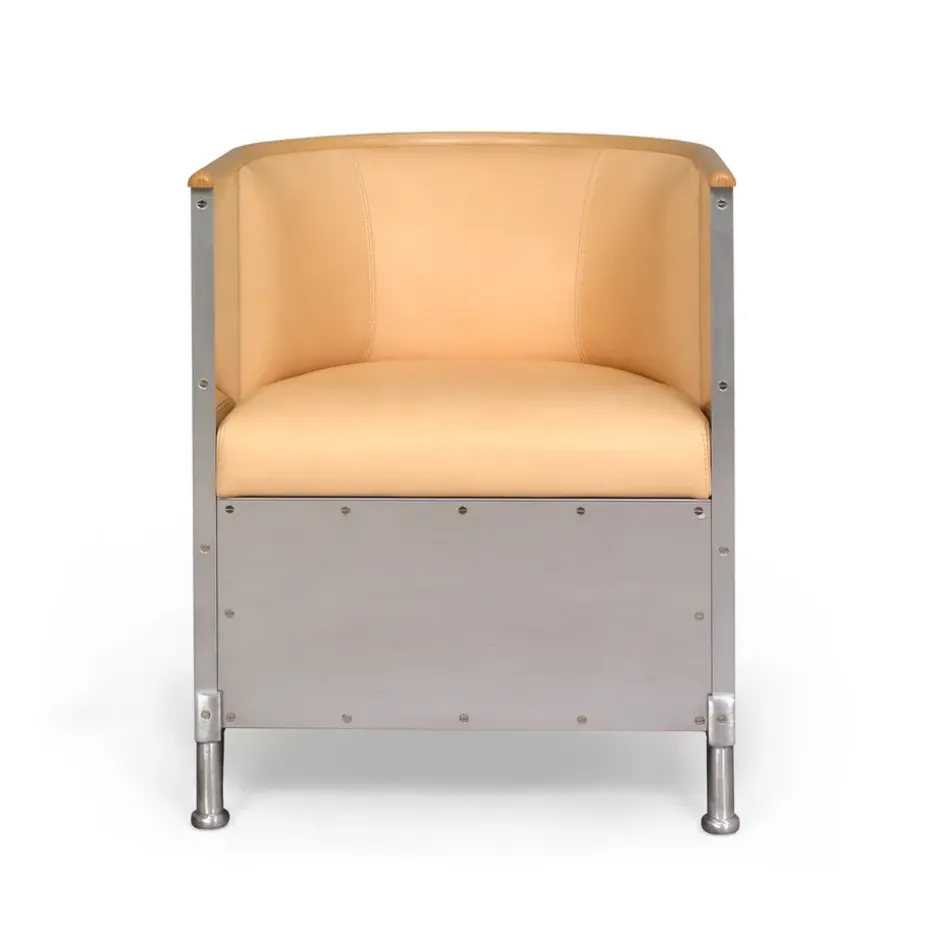 Fauteuil aluminium brossé mat, Cuir Tärnsjö naturel-bordure en hêtre