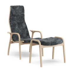 Fauteuil et repose-pieds Lamino hêtre laqué/peau de mouton, Charbon (gris foncé)