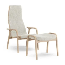 Fauteuil et repose-pieds Lamino hêtre laqué/peau de mouton, Blanc cassé (blanc)
