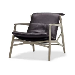 Fauteuil lounge Link, cuir marron foncé, chêne huilé blanc, toile noire