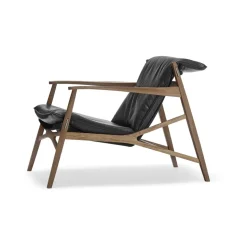 Fauteuil lounge Link, cuir noir-chêne huilé naturel-toile noire