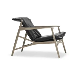 Fauteuil lounge Link, cuir noir, chêne huilé blanc, toile noire