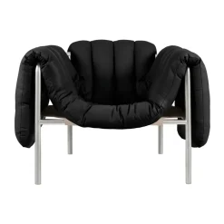 Fauteuil lounge Puffy, Black leather-acier inoxydable