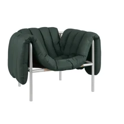 Fauteuil lounge Puffy, Dark green leather-acier inoxydable