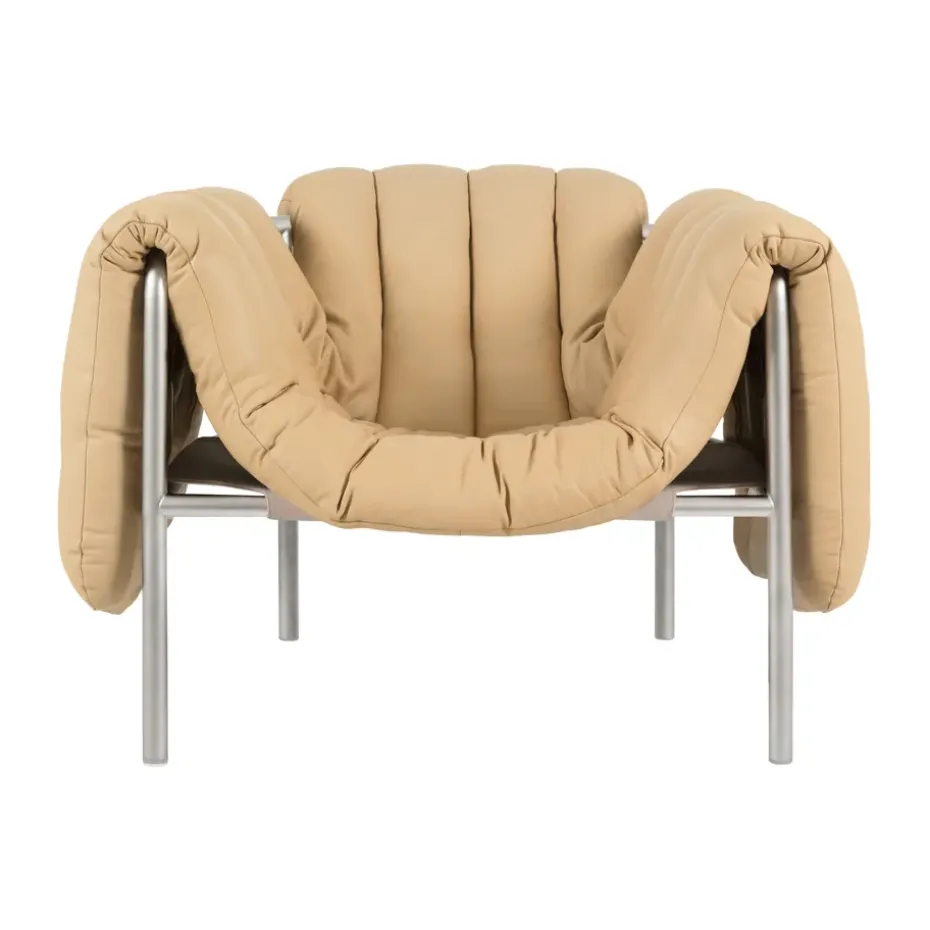 Fauteuil lounge Puffy, Sand leather-acier inoxydable