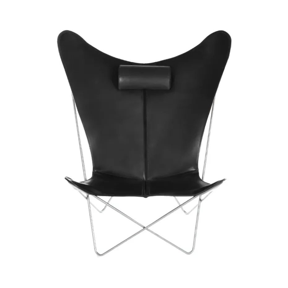 Fauteuil papillon KS Chair, cuir noir, support en acier inoxydable