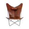 Fauteuil papillon KS Chair, cuir cognac, support noir
