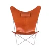 Fauteuil papillon KS Chair, cuir noisette, support en acier inoxydable