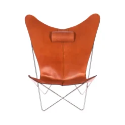 Fauteuil papillon KS Chair, cuir noisette, support en acier inoxydable