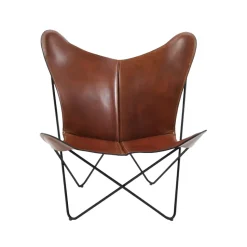 Fauteuil papillon Papillon, cuir cognac, support noir