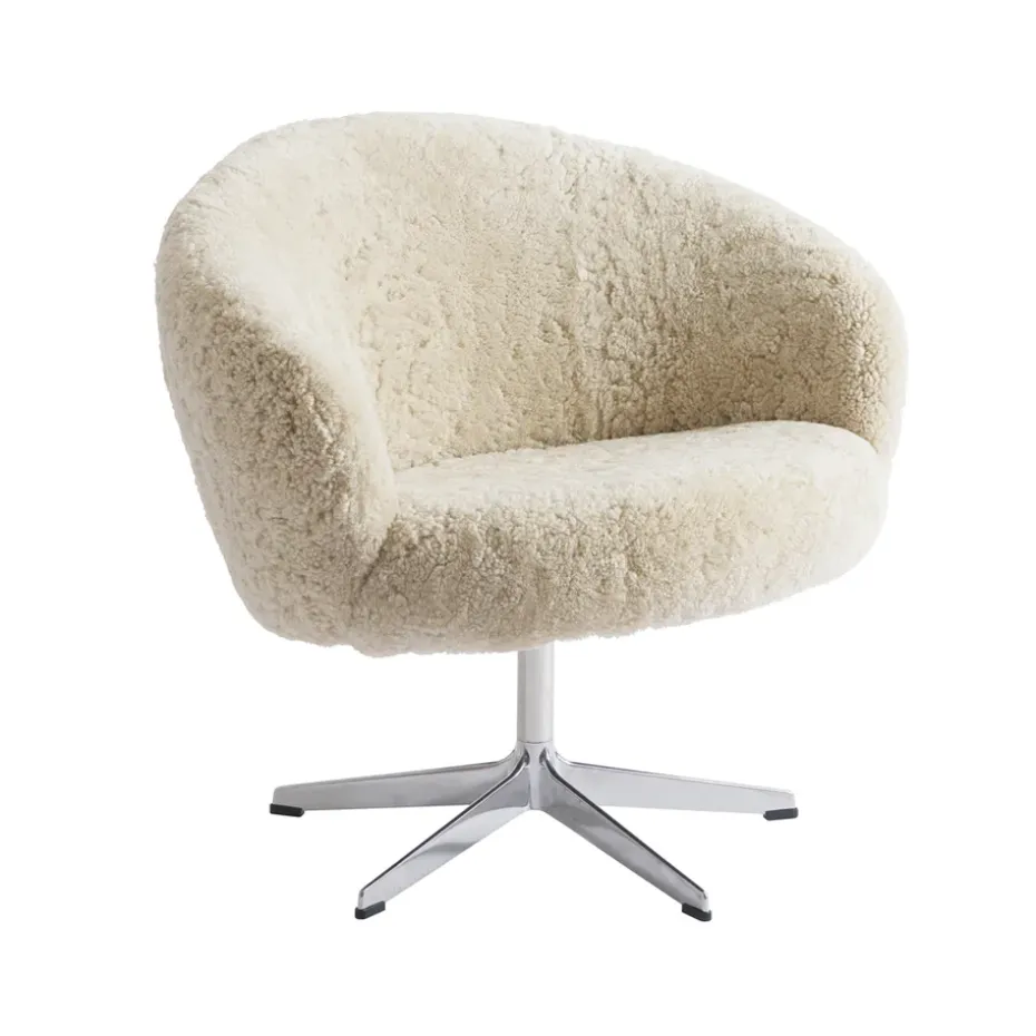 Fauteuil Rondino, peau de mouton moonlight, aluminium poli