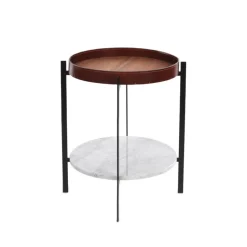Guéridon Deck, teck, support noir, étagère en marbre blanc