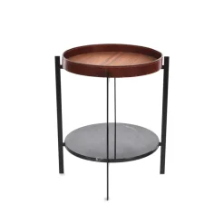 Guéridon Deck, teck, support noir, étagère en marbre noir