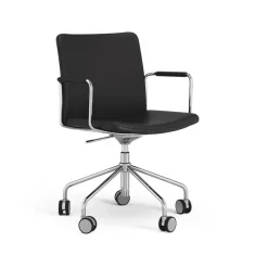 La chaise de bureau Stella peut être montée/abaissée par basculement, cuir elmosoft 99999 noir, structure chromée, accoudoirs recouverts de cuir, inclinaison au dos