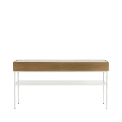 Luc 160 table console, chêne teinté noyer (p4), plateau en marbre, support white
