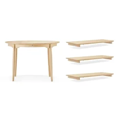 Table à manger Carl bouleau, Huilé naturel, 3 rallonges + pied de support