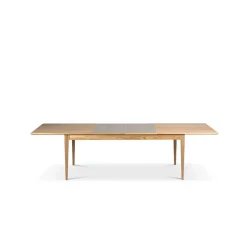 Table à manger Höllviken, Chêne blanchi mat laqué, 2 rallonges, pierre calcaire Ø50 cm
