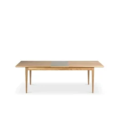 Table à manger Höllviken, Chêne blanchi mat laqué, 1 rallonge, pierre calcaire Ø50 cm