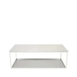Table basse 11, marbre blanc, structure laquée blanc, plateau en zinc