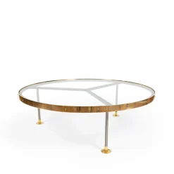 Table basse 14, verre, structure en acier laqué, plaque en laiton