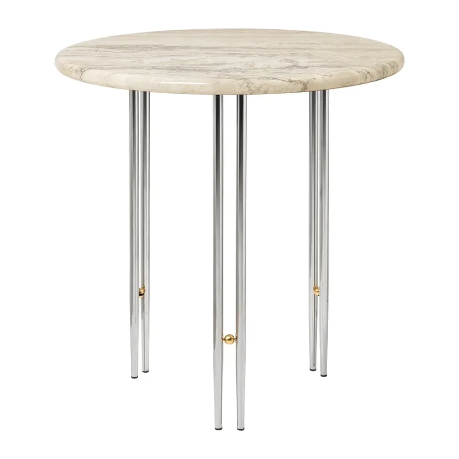 Table basse IOI Ø50 cm, Chrome - laiton - marbre beige