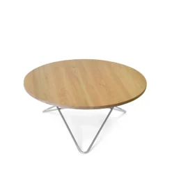 Table basse O, chêne laqué mat, cadre en acier inoxydable