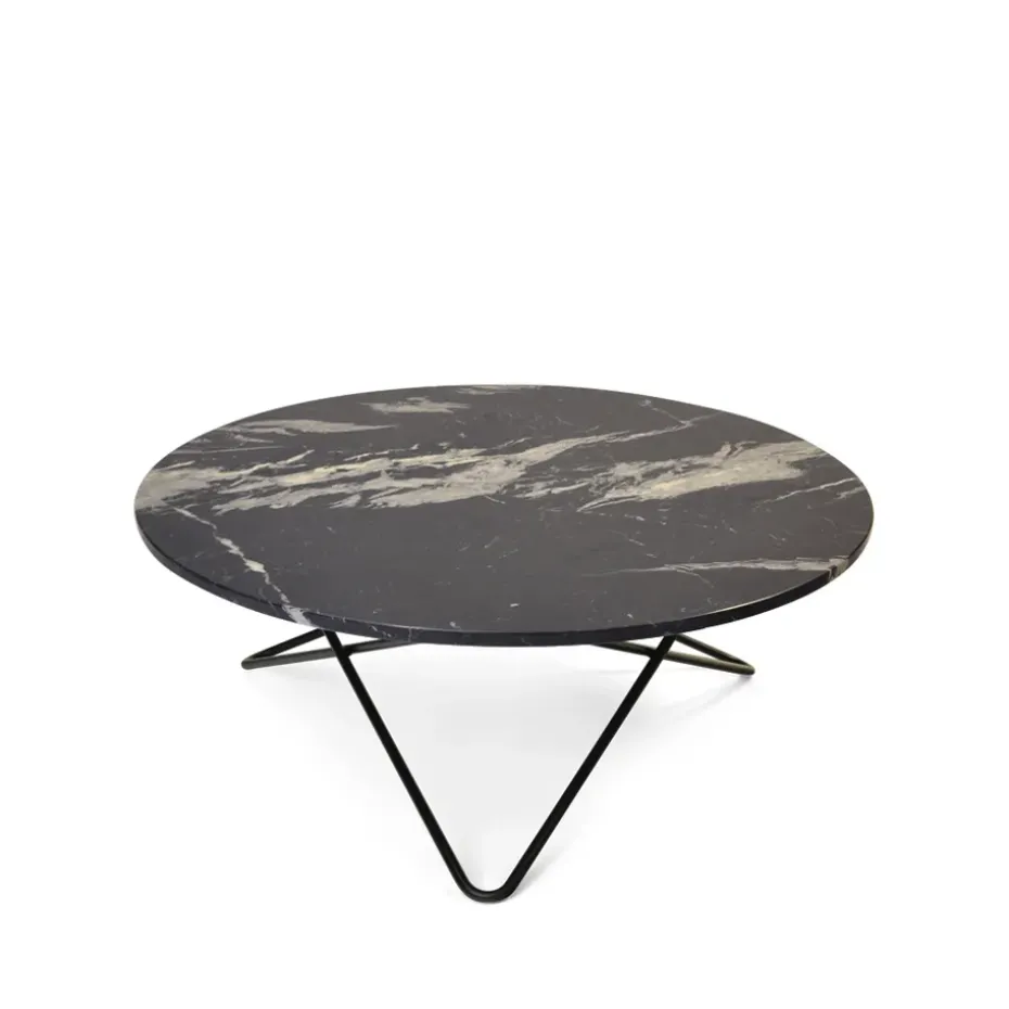 Table basse O Large, marbre marquina mat, support laqué noir
