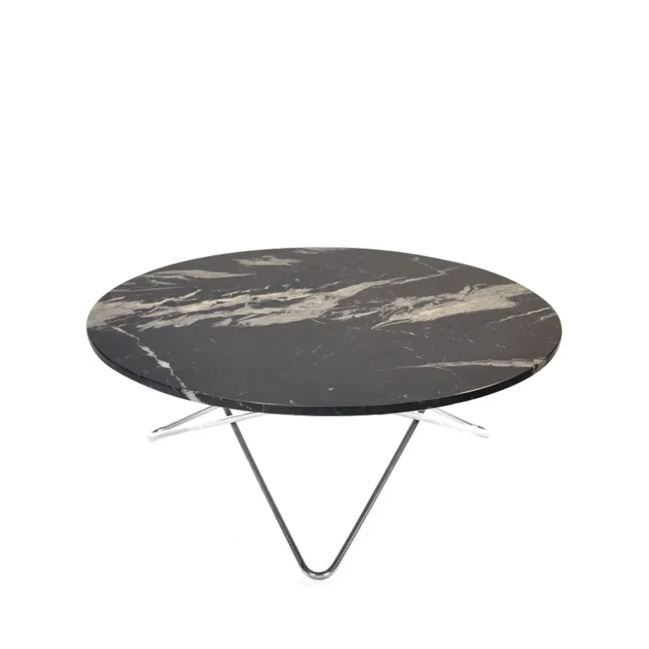 Table basse O Large, marbre marquina mat, support en acier inoxydable