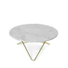 Table basse O, marbre blanc, support en laiton