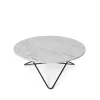 Table basse O, marbre blanc, support laqué noir