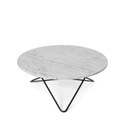Table basse O, marbre blanc, support laqué noir