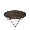 Table basse O, marbre marron, support laqué noir