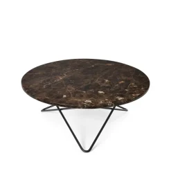 Table basse O, marbre marron, support laqué noir