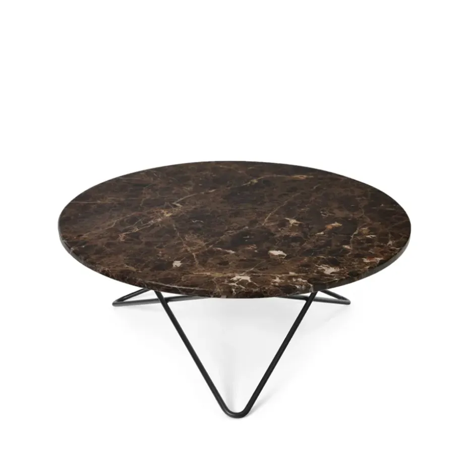 Table basse O, marbre marron, support laqué noir