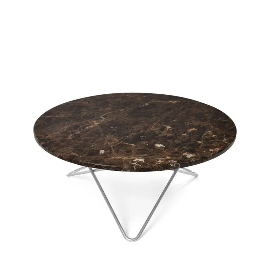 Table basse O, marbre marron, support en acier inoxydable
