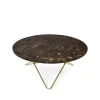 Table basse O, marbre marron, support en laiton