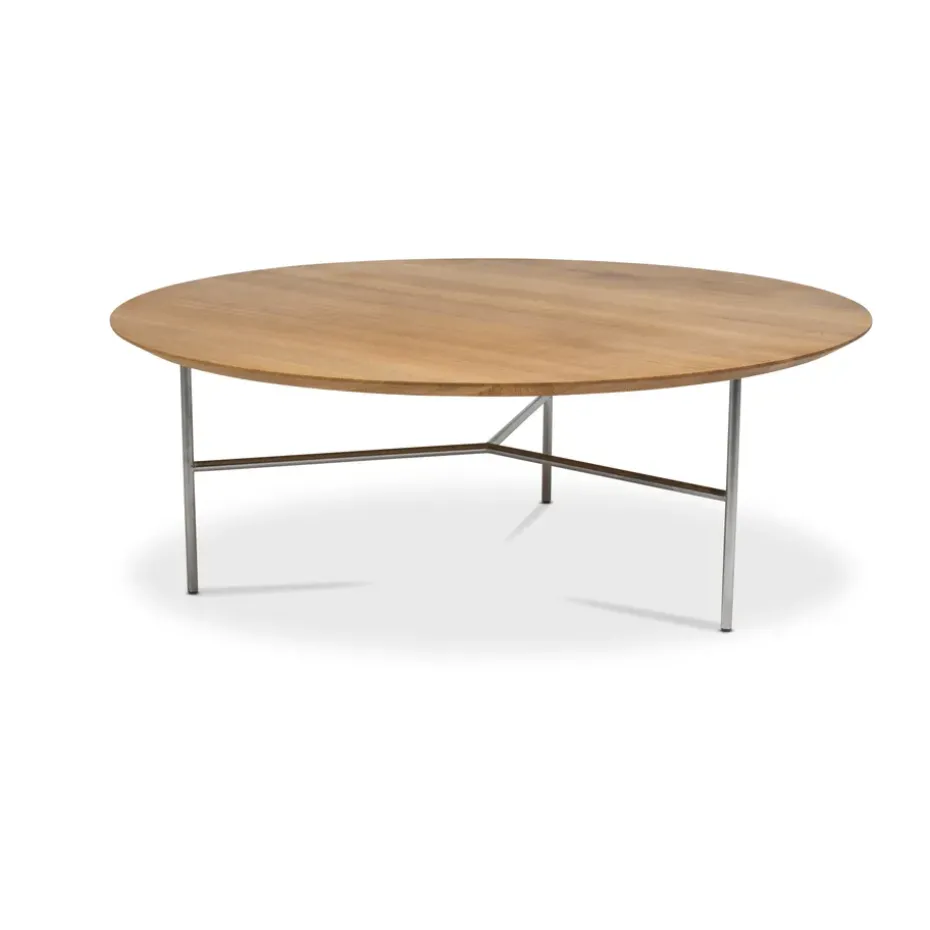 Table basse Tribeca, Chêne huilé rustique, pieds chromés satinés, Ø110 cm