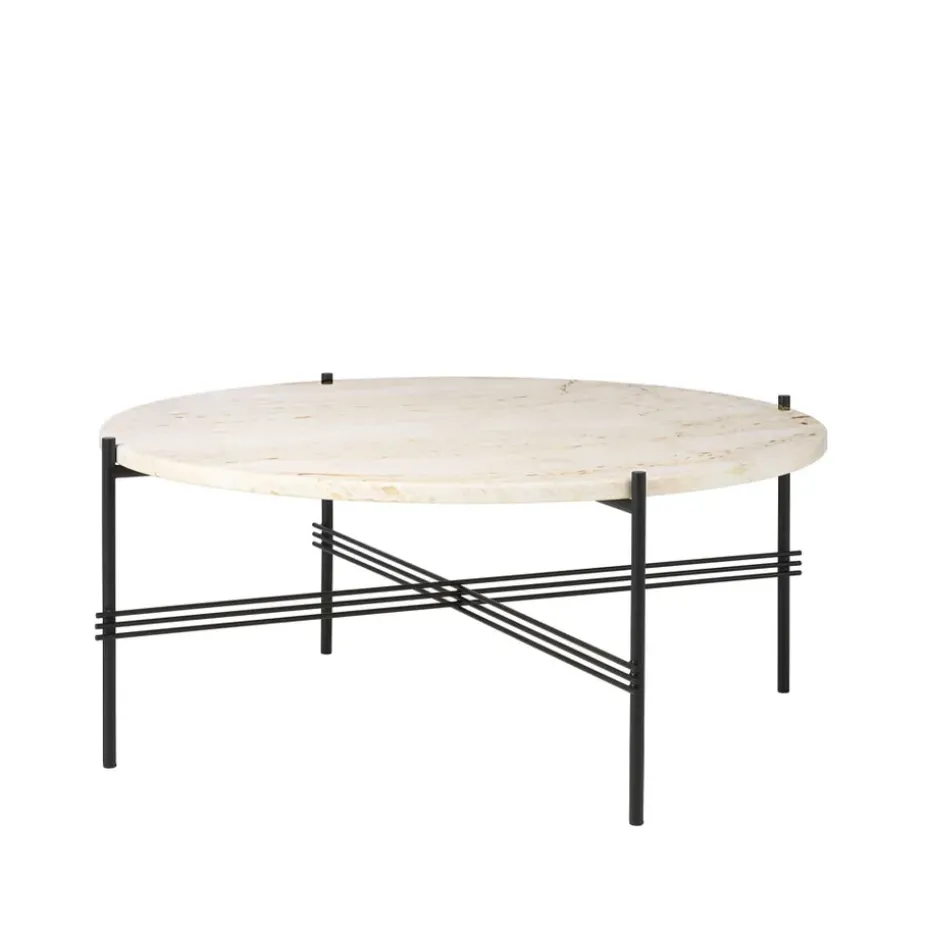 Table basse TS Round, natural white travertine, ø80, structure noire