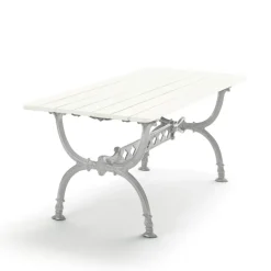 Table Byarum 142x72 cm, Pin blanc laqué, support en aluminium brut