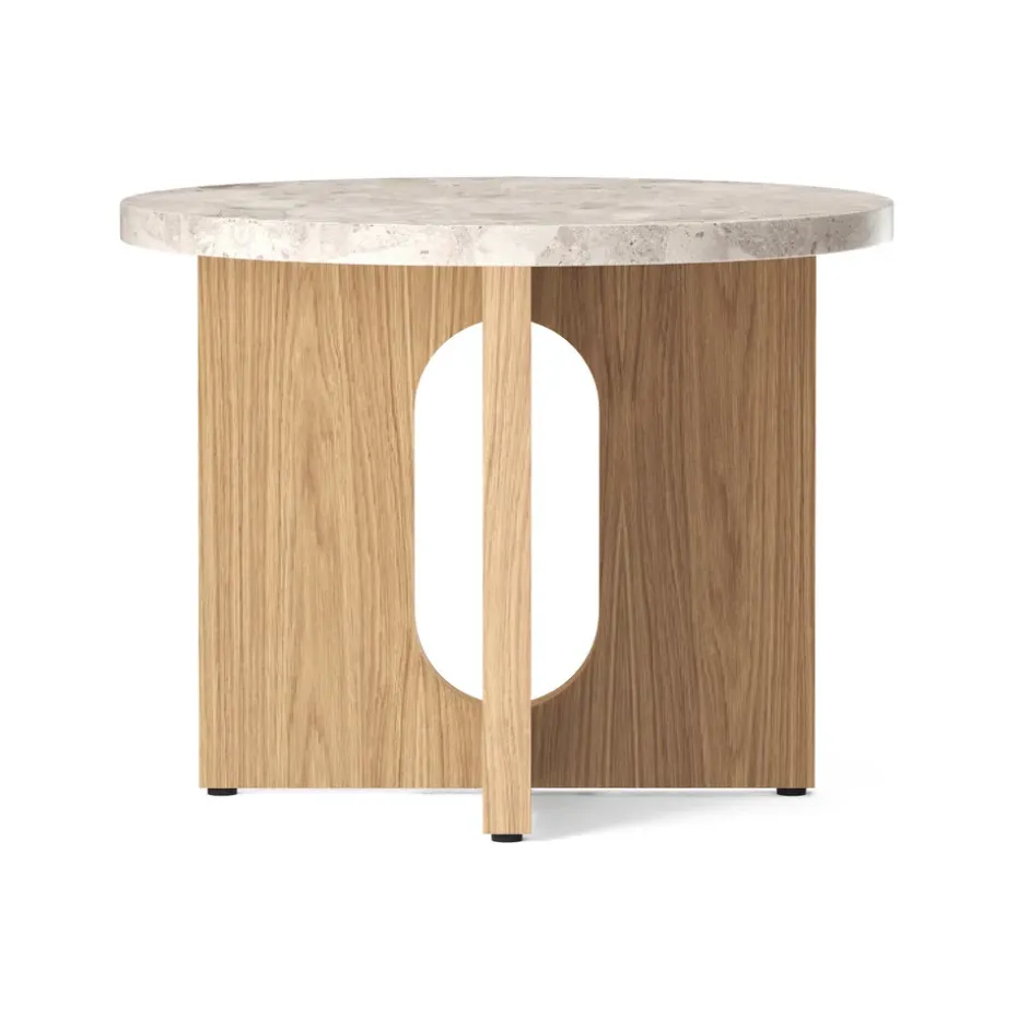 Table d’appoint Androgyne Ø50 cm base en chêne, Plateau de table Kunis Breccia
