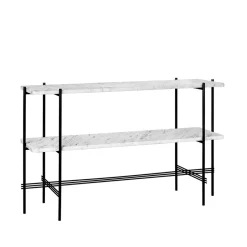 Table d’appoint TS Console 120x30x72 cm, white carrara marble, structure noire, 2 étagères en marbre